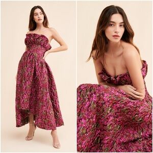 Elliatt Camellia Purple Floral Brocade Ruffled Convertible Maxi Dress Gown Large